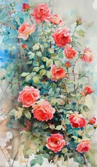 Watercolor Wonderland. A Garden of Roses Painted in Delicate Watercolors.