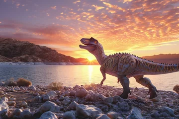 Poster de jardin Dinosaures Dinosaur on the beach at sunset
