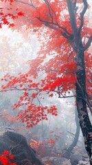 Red maple trees, red leaves on the ground, foggy forest background,