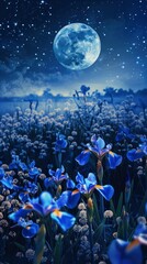 Obraz na płótnie Canvas The background is the moon, surrounded by many blue and yellow iris flowers blooming in full bloom on both sides of the field