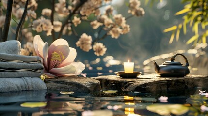 Relax with hot tea in Zen garden. - obrazy, fototapety, plakaty