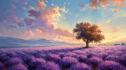 Lavender field with a tree. Original oil painting.