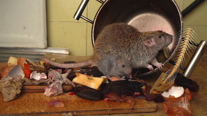 Gray rat, garbage, food waste.