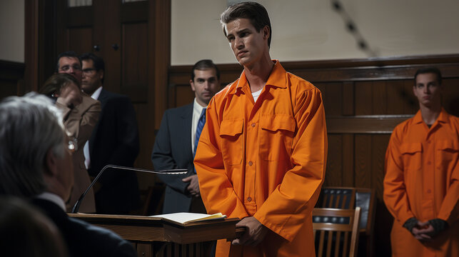 A young man in an orange jumpsuit stands solemnly in a courtroom awaiting a verdict with focused attorneys and inmates in the background.