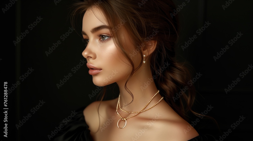 Wall mural beauty, people and jewelry concept - beautiful young woman wearing shiny diamond pendant