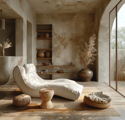 Warm neutral wabi-sabi style interior mockup with low sofa, jute rug, ceramic jug, side table and dried grass decoration on empty concrete wall background.