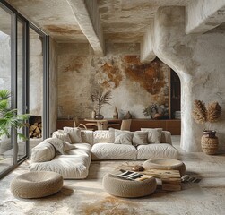 Warm neutral wabi-sabi style interior mockup with low sofa, jute rug, ceramic jug, side table and dried grass decoration on empty concrete wall background.
