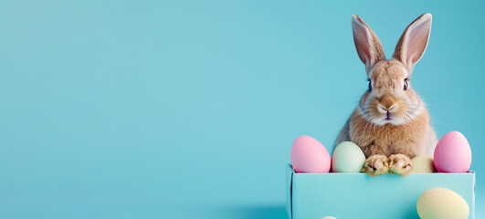 easter bunny sitting in  box with pastel easter eggs, isolated on blue