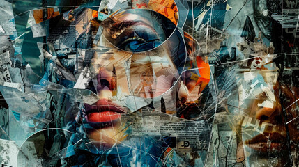 A striking collage featuring a womans face at the center, surrounded by a collection of various photographs capturing different moments and emotions. Banner. Copy space