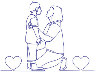 Continuous single line drawing of young mother giving some wise advice talking to her son at home. Happy family parenting concept.
