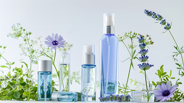 スキンケア用の化粧品ボトルをディスプレイしている美容広告写真