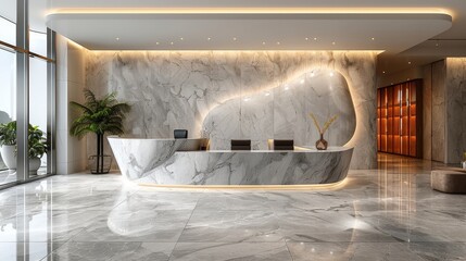 Hotel lobby interior with reception desk, marble floor and crystal lamp.