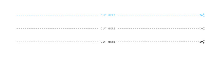 cut hereの文字と切り取り線とハサミのアイコンのセット - 3色 - A判縦の横幅
