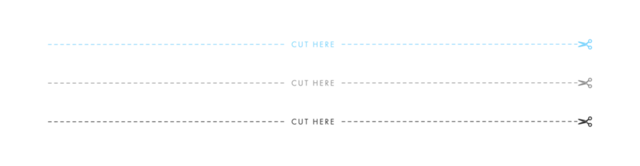 Fotobehang cut hereの文字と切り取り線とハサミのアイコンのセット - 3色 - A判縦の横幅  © Spica