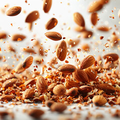 Flying almond nuts background