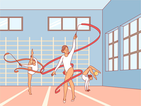 Professional artistic gymnasts train. Athletes workout process, sports equipment, competition preparation, beautiful girls in suits with ribbons and ball, cartoon flat isolated vector concept