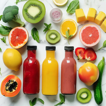 Bottles with various colorful smoothie or juice on white background with fruits and vegetables slices. Healthy lifestyle and clean eating. Top view