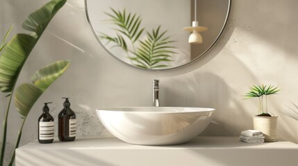 Modern bathroom sink with a round mirror hanging on wall and a potted plant. AI generated image