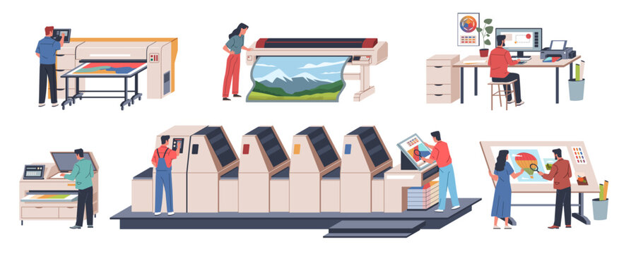 Polygraph equipment. Printing house, workers at machines, printed materials, newspapers and books, automated production. Typography press process cartoon flat isolated nowaday vector set
