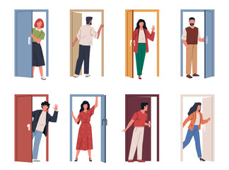 People with doors. Entering and exiting house, visitors use doorways, build residents and employees come back and leave, exit and entrance, nowaday cartoon flat style isolated vector set