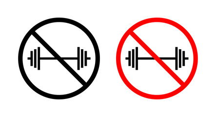 Forbidden barbell sign. avoid gym exercise vector symbol. dumbbell training forbidden icon. stop heavy weight workout sign. weight lifting ban. No fitness equipment symbol. - obrazy, fototapety, plakaty