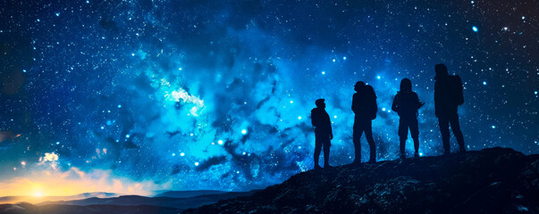 Diverse group of individuals stands atop mountain, gazing sky filled sparkling stars, their silhouettes illuminated by moonlight. Economic Relationships. World crisis. Blockchain. Banner. Copy space - obrazy, fototapety, plakaty