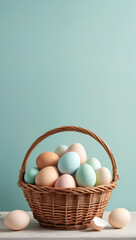 Pastel color Easter eggs in wicker basket