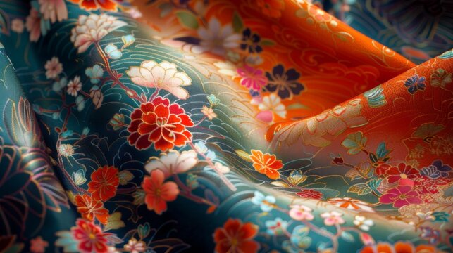 Japanese fabric pattern. Traditional floral beautifully folded textile with ornaments. Kimono fabric