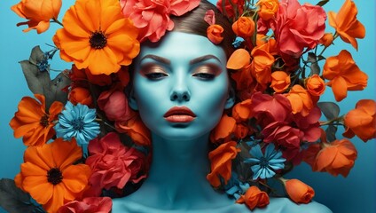 Vibrant image of a model encircled by a myriad of orange blooms contrasting with a blue background