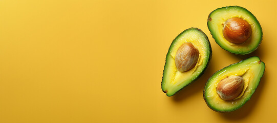 Halved avocados on yellow background with copy space, banner. Top view