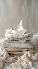 Children's clothes made from natural fabrics in a rustic style, folded in a stack with a paper boat on top. Neutral pastel background. Front view, soft light