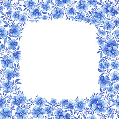 Frame, template with blue blossoming cherry flowers. Seamless pattern in Toile de Jouy fabric style. Hand drawn watercolor painting illustration isolated on white background