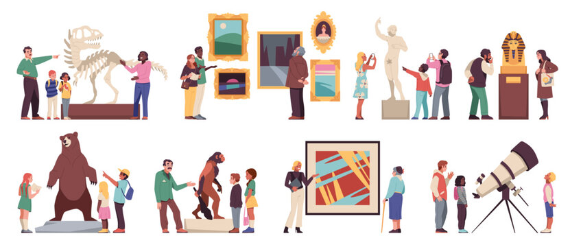 Museum visitors characters. People looking ancient exhibits and modern art, guides tell story of objects, self education, artistic and historical and scientific exhibition cartoon tidy vector set