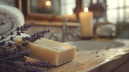 Organic handmade soap with lavender close-up against the background of a minimalist bathroom...