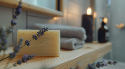 Organic handmade soap with lavender close-up against the background of a minimalist bathroom...