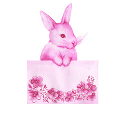 Cute pink bunny holding a sign with copy space for text. Hand drawn watercolor painting illustration isolated on white background