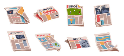 Folded newspapers. Periodical printing products, daily news and sport, food and medicine, business information, latest press, publications, cartoon flat style isolated nowaday vector set