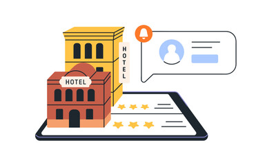 Hotel booking, hostel room choosing, travel apartment, accommodation search online, concept. Feedback, review, rank, opinion in internet. Flat vector illustration isolated on white background