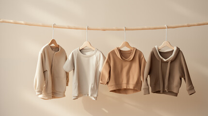 Rustic children's clothes made from natural fabrics hanging on a rope on a neutral pastel background. Front view. soft light