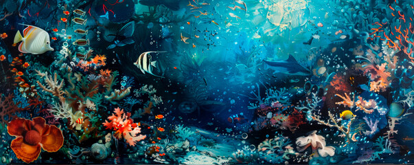 Fototapeta na wymiar Intricate painting of vivid underwater scene, showcasing diverse array of colorful fish swimming amongst intricate coral reefs. Scene evokes a sense of tranquility, wonder marine. Banner. Copy space