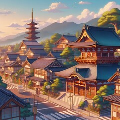Obraz premium a beautiful japanese village city town in the morning. buddhist temple shinto shrine. anime comics artstyle. cozy lofi asian architecture.
