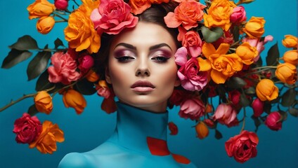 Striking fashion portrait of model with flowers encircling her neck and shoulders on blue background