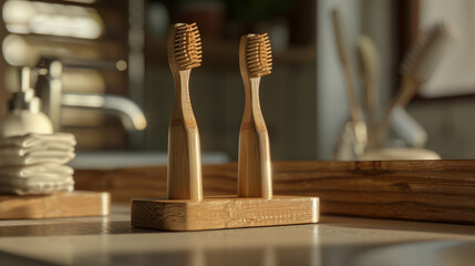 Two wooden organic toothbrushes on a wooden stand in a cozy bathroom interior - obrazy, fototapety, plakaty