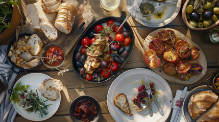Various Mediterranean dishes on a beautifully served table, top view, soft light, flat lay. Concept of Mediterranean cuisine  