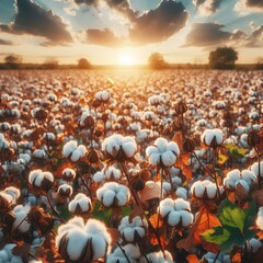 Cotton farm during harvest season. Field of cotton plants with white bolls. - obrazy, fototapety, plakaty