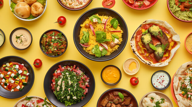 Various traditional dishes of Middle Eastern cuisine on a beautifully served table, top view, flat lay
