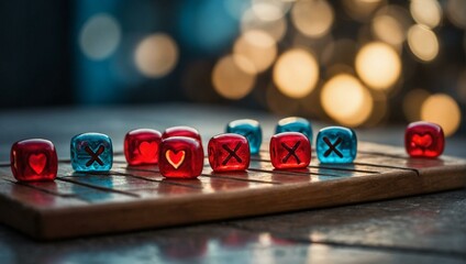 Colorful dice with X and O symbols representing the game of love and the risks of rejection and chance - obrazy, fototapety, plakaty