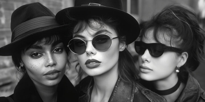 Fototapeta three fashion woman models in hat and sunglasses on street in the city in autumn. Vintage retro black and white film photography from the 1980s