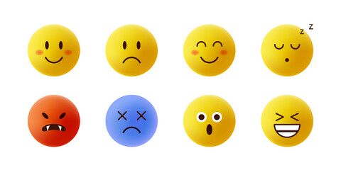 3d emojies. Happy and sad round yellow faces. Social media icons. Web applications. Good and bad mood symbol. Funny smile pack. Smiling emotion. Stickers collection. Vector isolated on white set