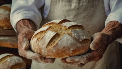 realistic bread in the hands of an old manual worker